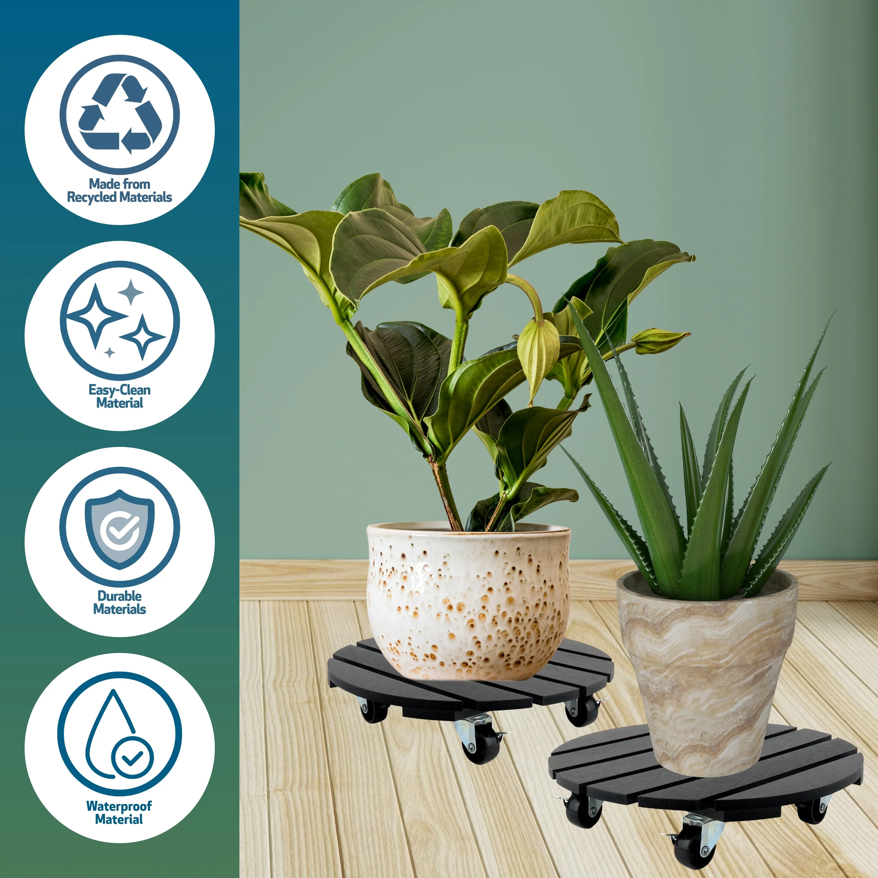 2 Pack Recycled Plastic 12" Plant Caddy - Image 3
