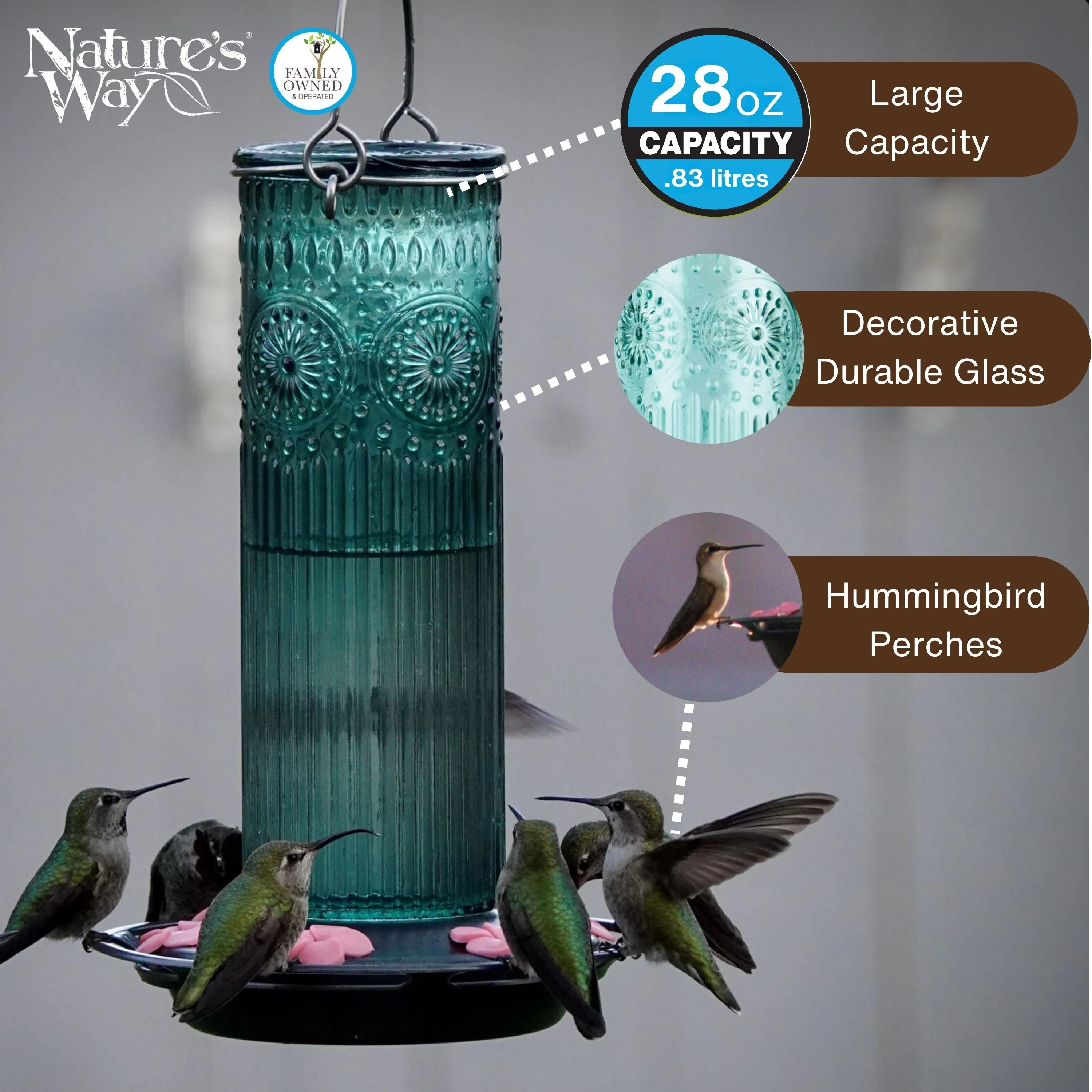Antique Teal Glass Gravity Hummingbird Feeder - Image 3