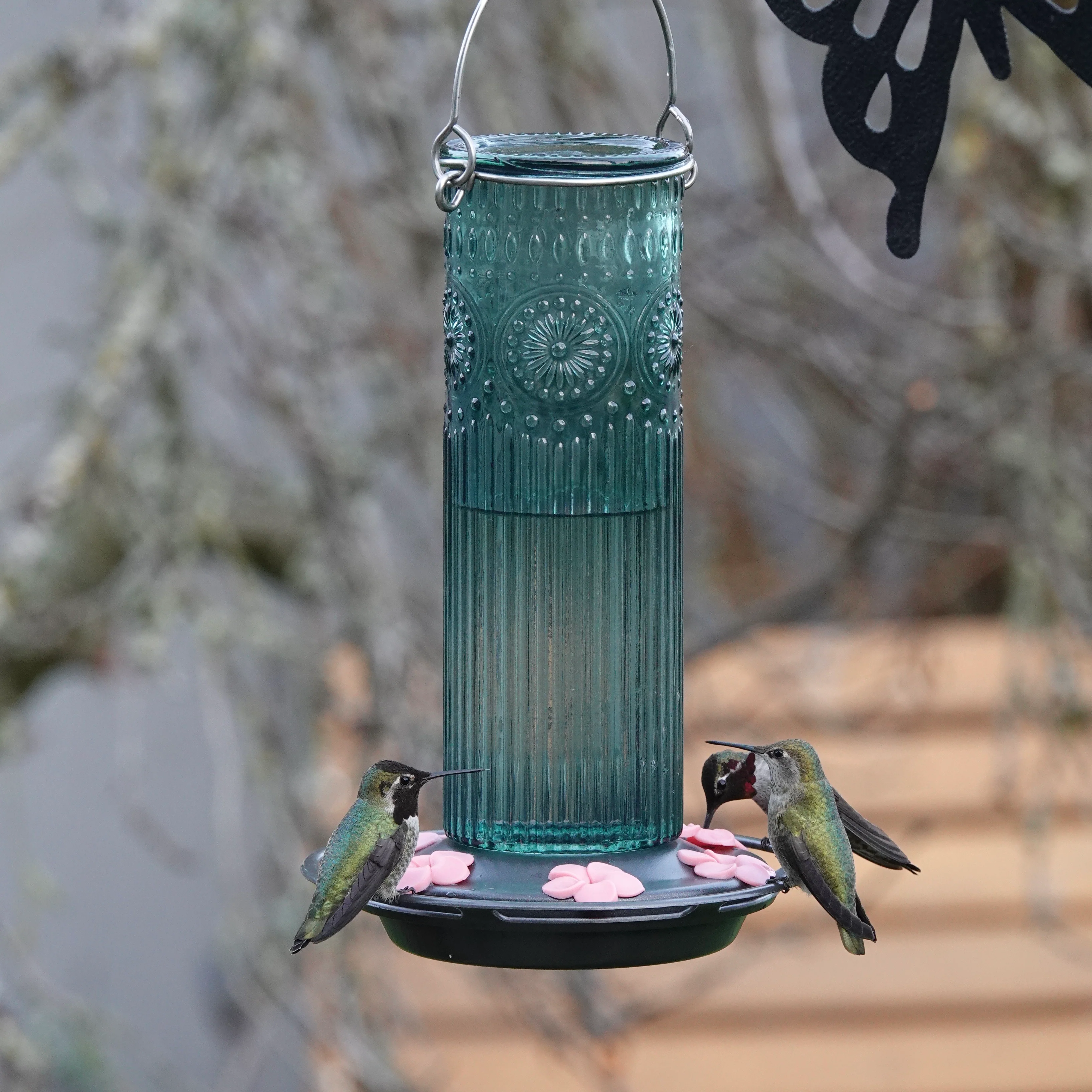Antique Teal Glass Gravity Hummingbird Feeder - Image 9