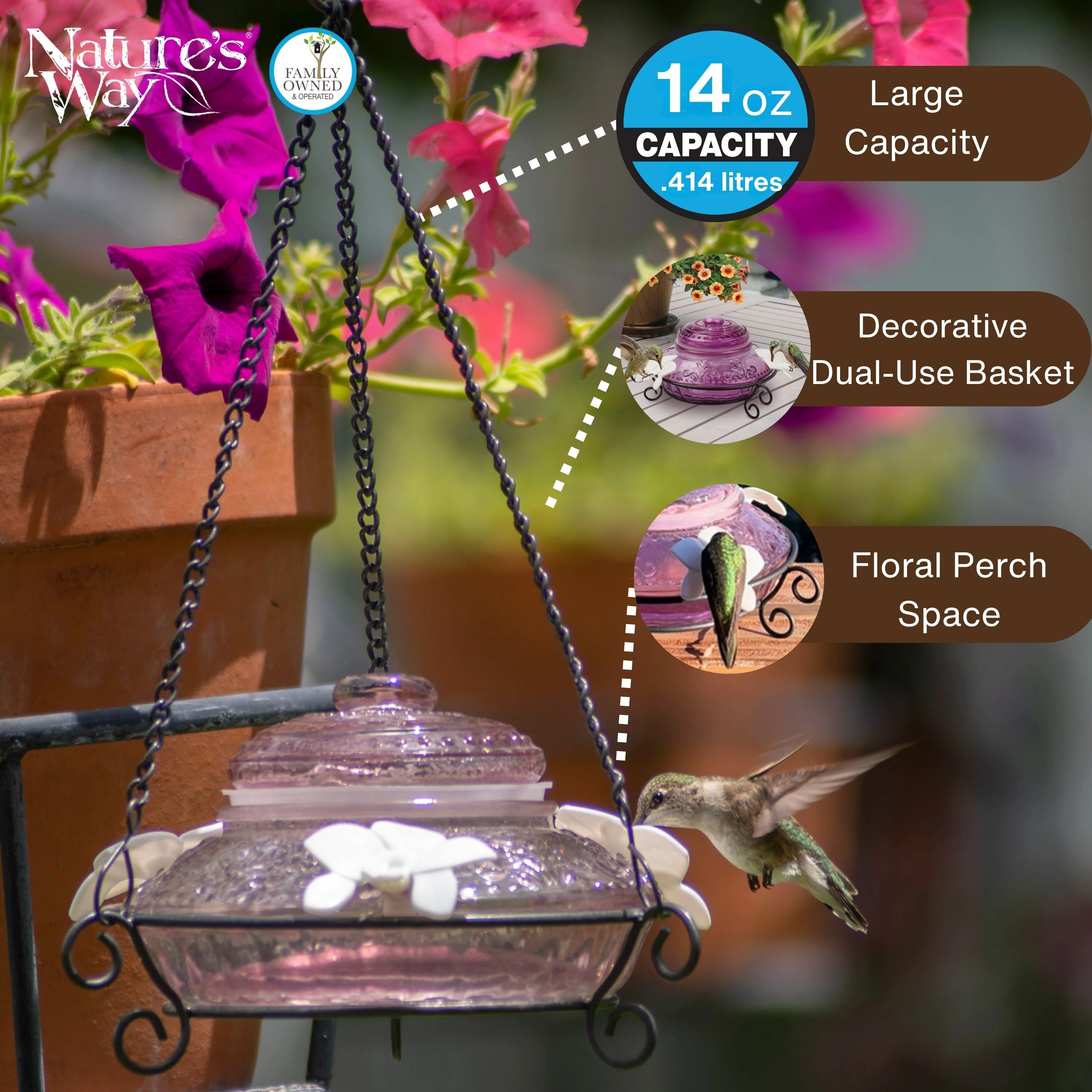 Plum Antique Glass Top-Fill Dish Hummingbird Feeder - Image 3