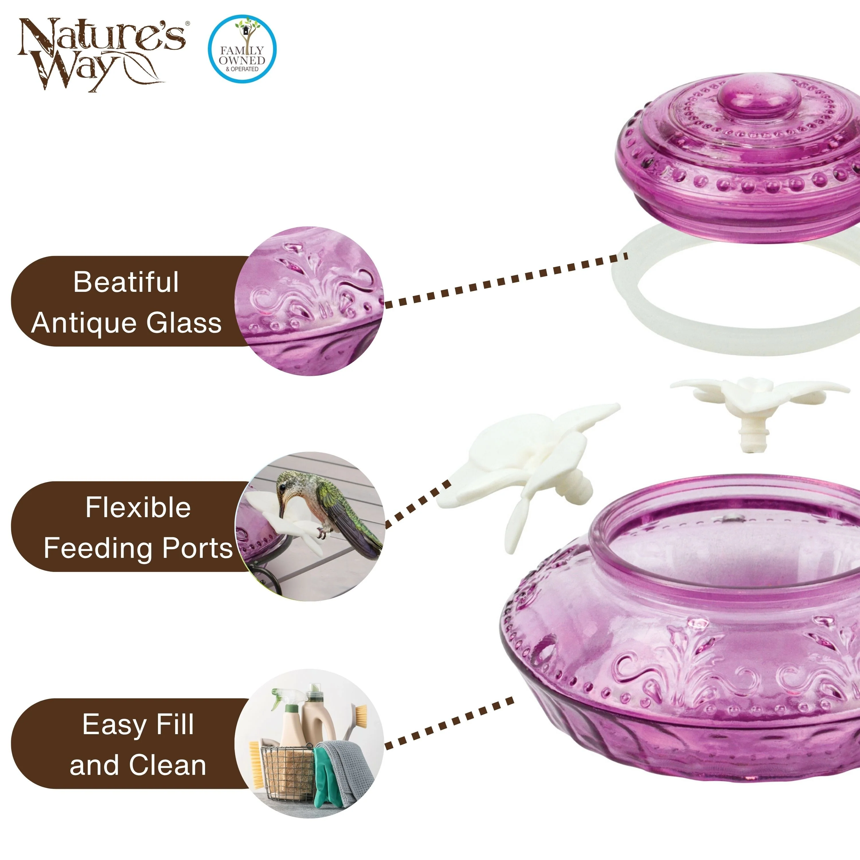 Plum Antique Glass Top-Fill Dish Hummingbird Feeder - Image 4