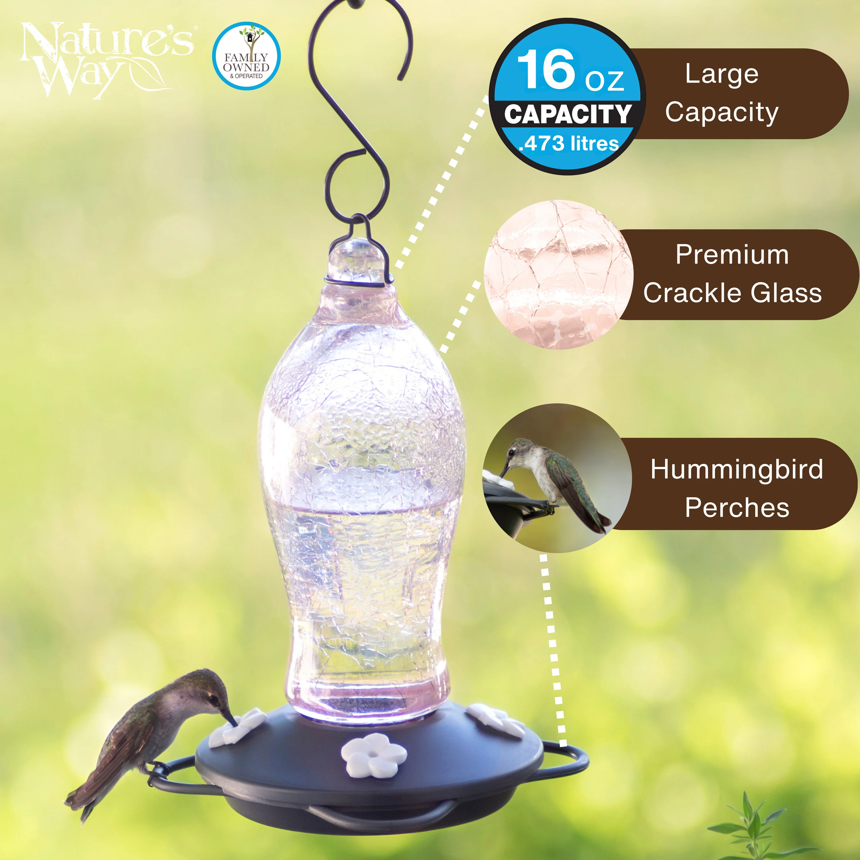 Blush Crackle Artisan Glass Gravity Hummingbird Feeder - Image 3