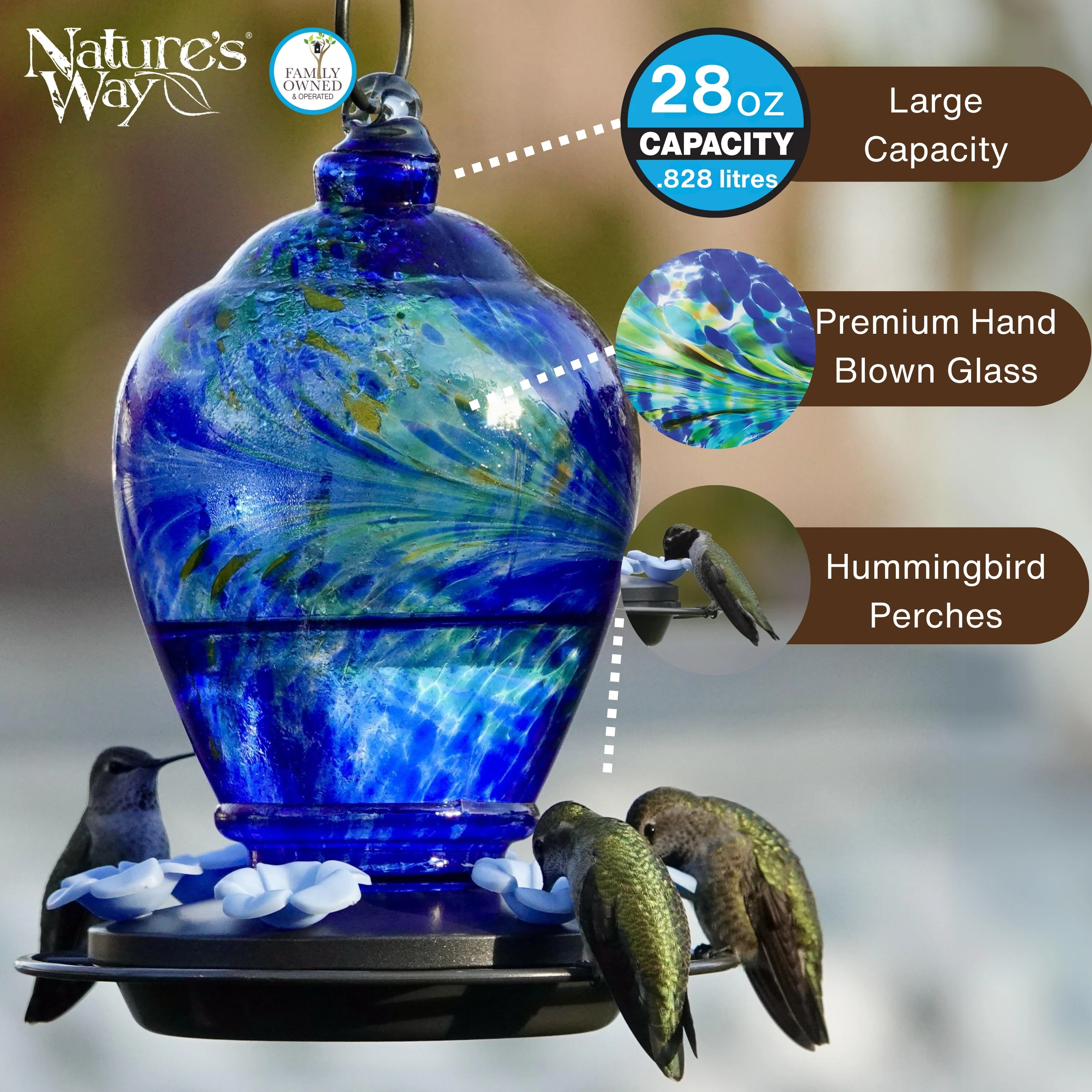 Spring Rain Artisan Handblown Glass Gravity Hummingbird Feeder - Image 3