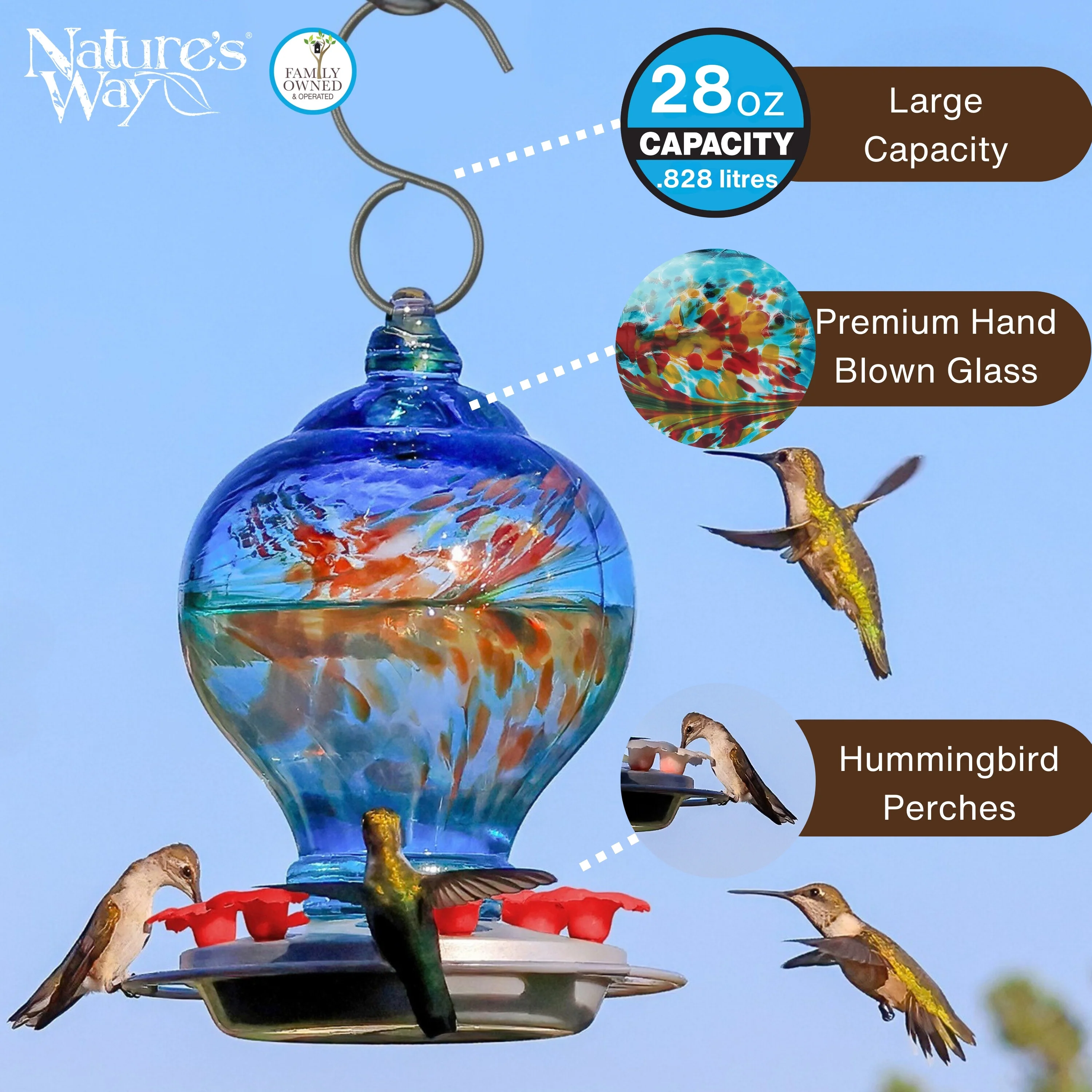 Sunny Day Artisan Handblown Glass Gravity Hummingbird Feeder - Image 3
