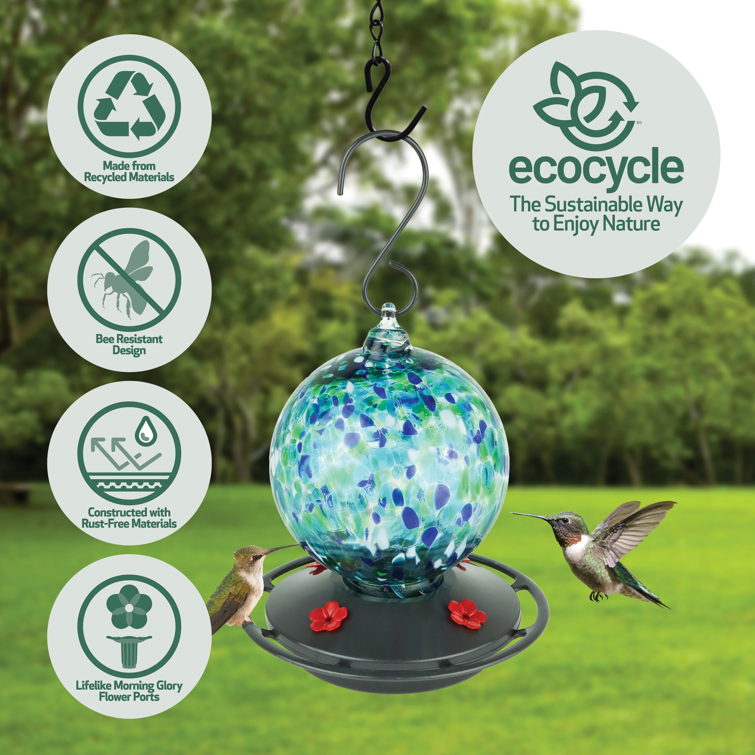 Garden Globe Handblown Recycled Glass Hummingbird Feeder - Image 3