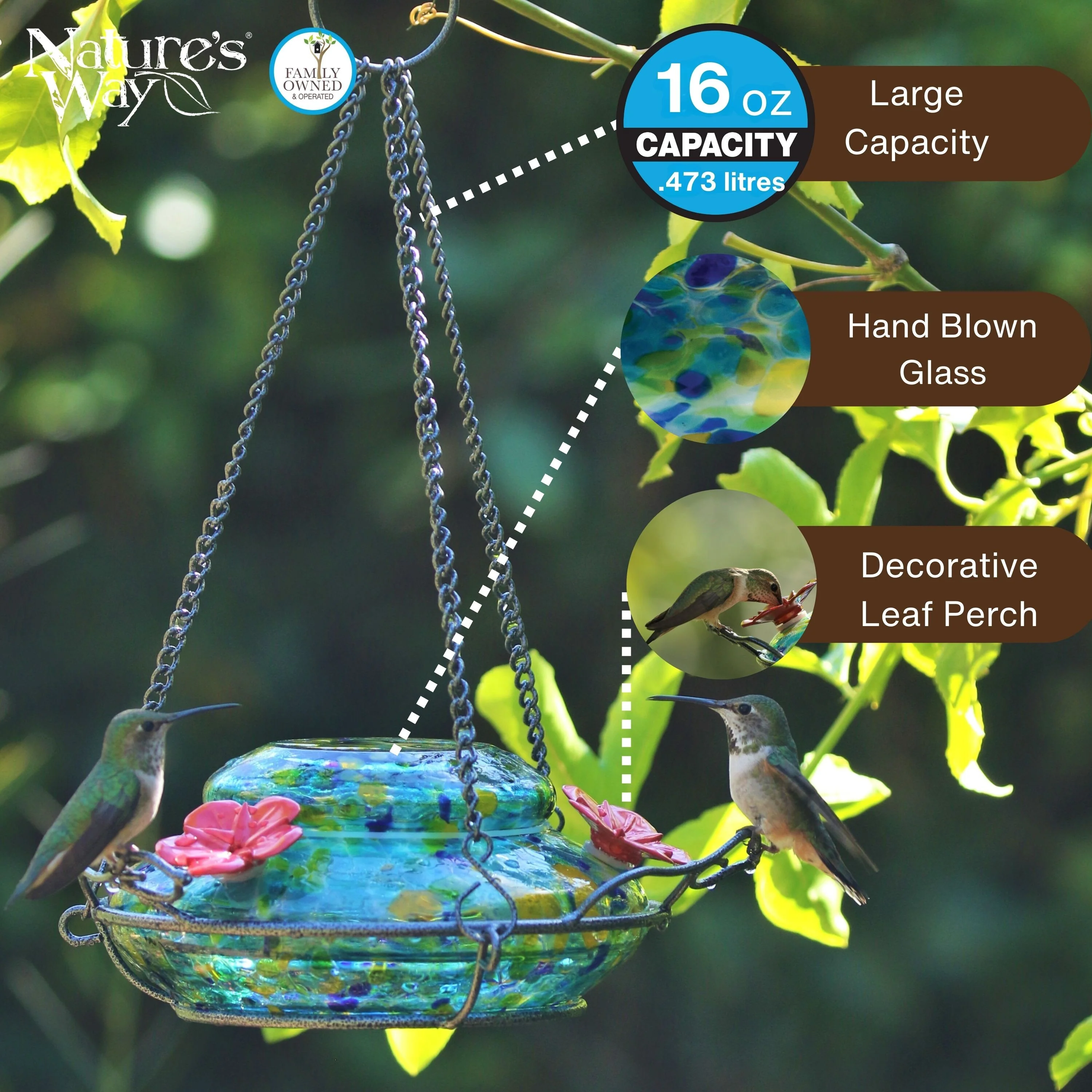Spring Rain Illuminated Handblown Glass Top-Fill Hummingbird Feeder - Image 3