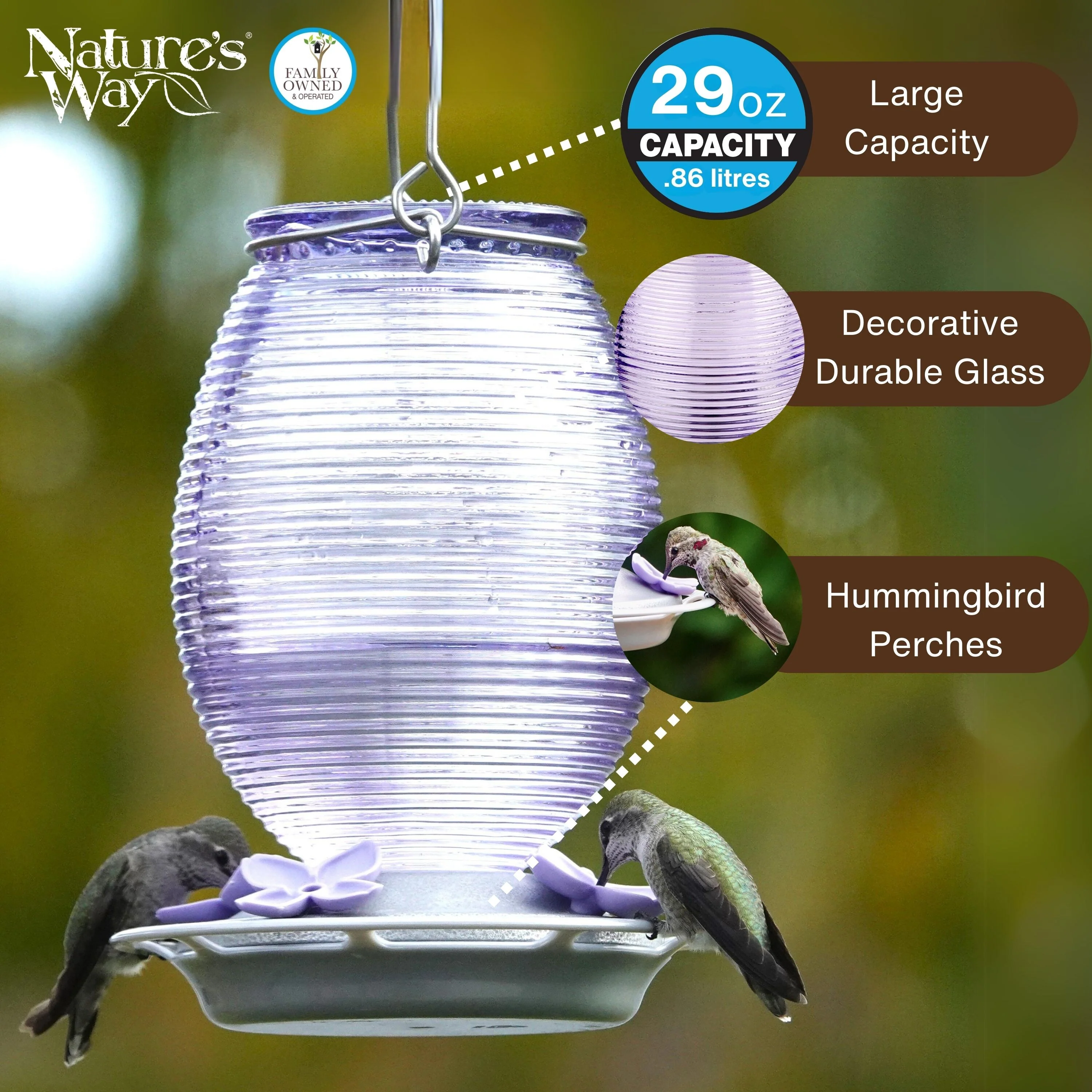 Lilac Dreams Antique Glass Gravity Hummingbird Feeder - Image 3