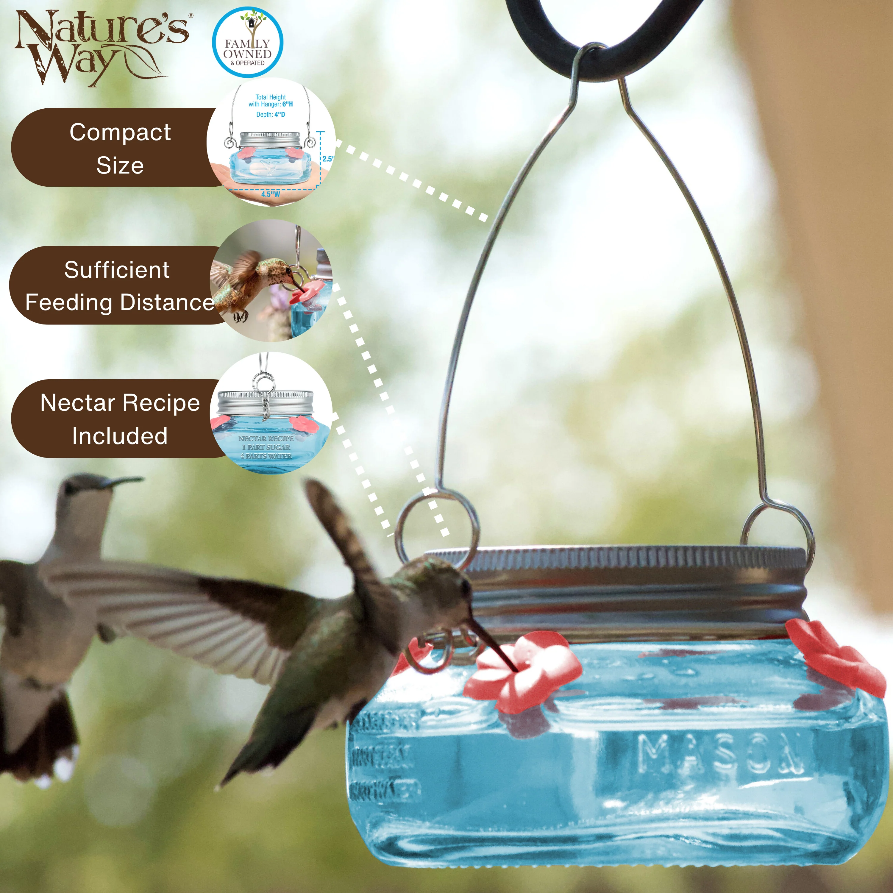 Antique Teal Mason Jar Glass Top-Fill Dish Hummingbird Feeder - Image 3