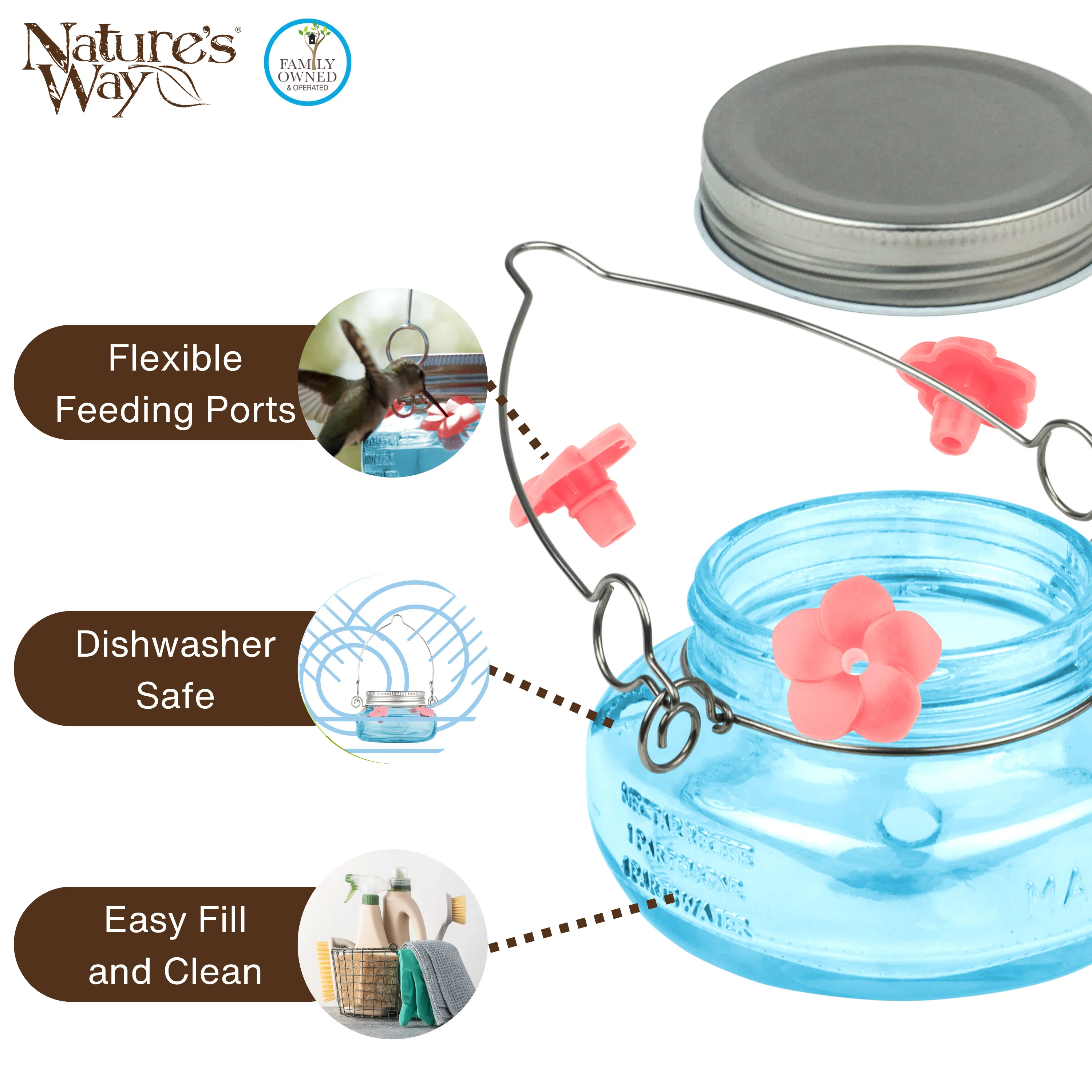 Antique Teal Mason Jar Glass Top-Fill Dish Hummingbird Feeder - Image 4