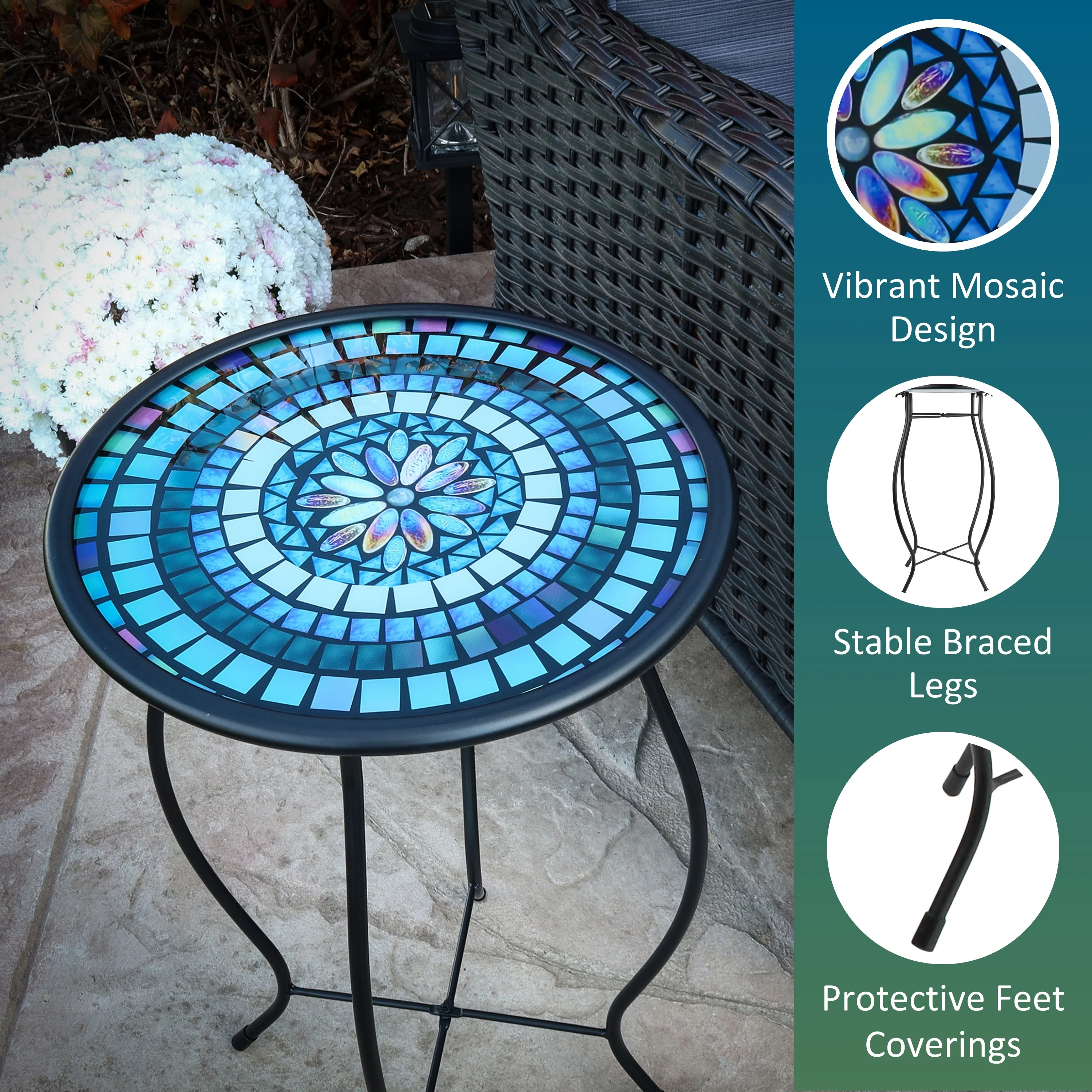 Mosaic Glass Accent Side Table & Plant Stand - Blue - Image 3