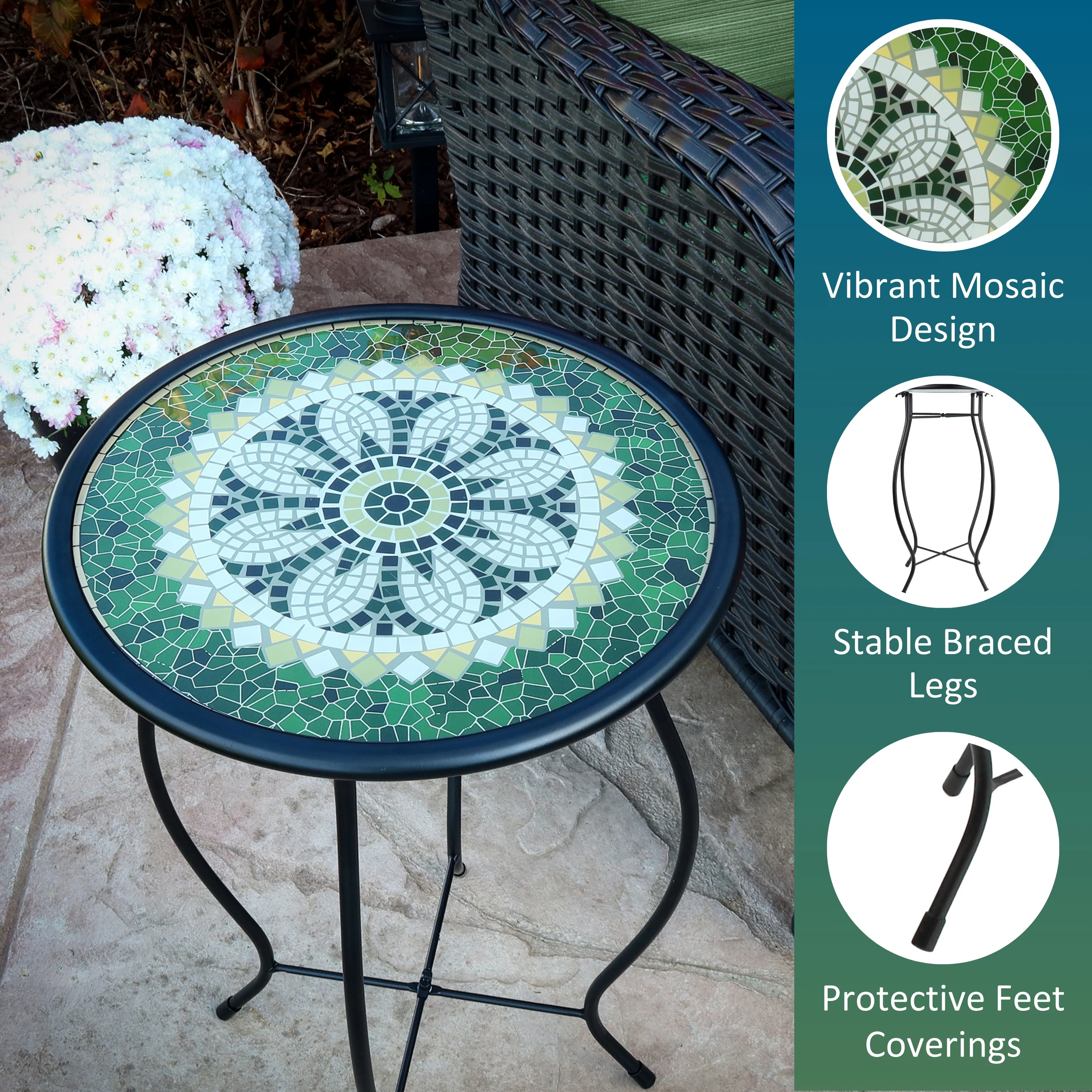 Mosaic Glass Accent Side Table & Plant Stand - Green - Image 3