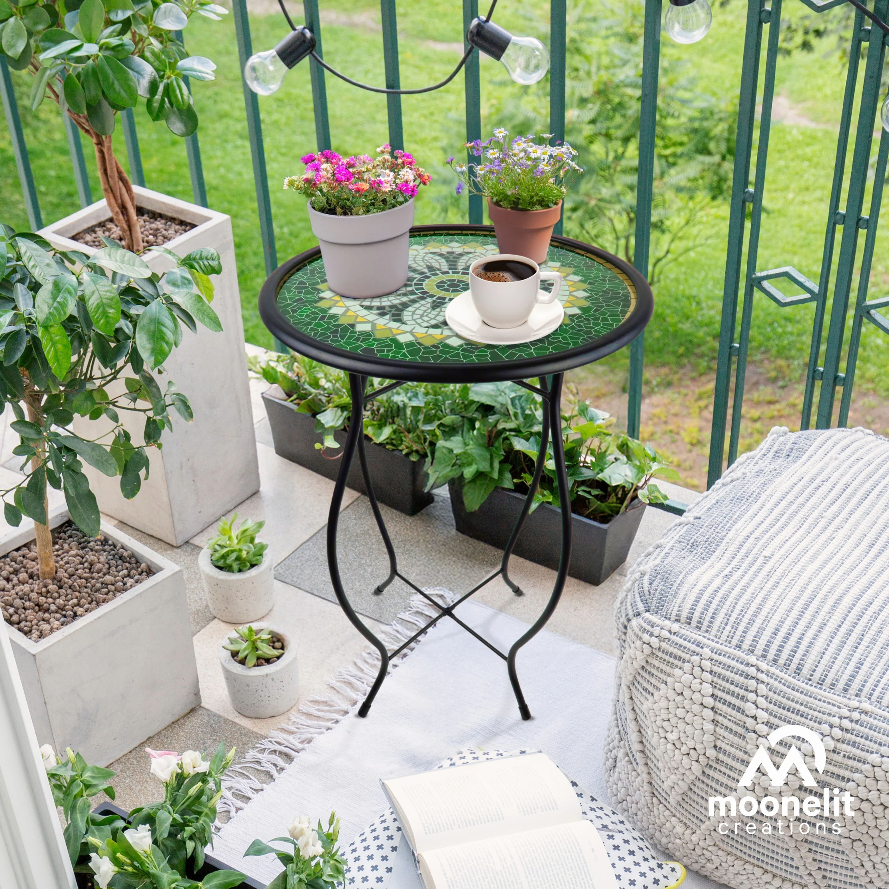 Mosaic Glass Accent Side Table & Plant Stand - Green - Image 5