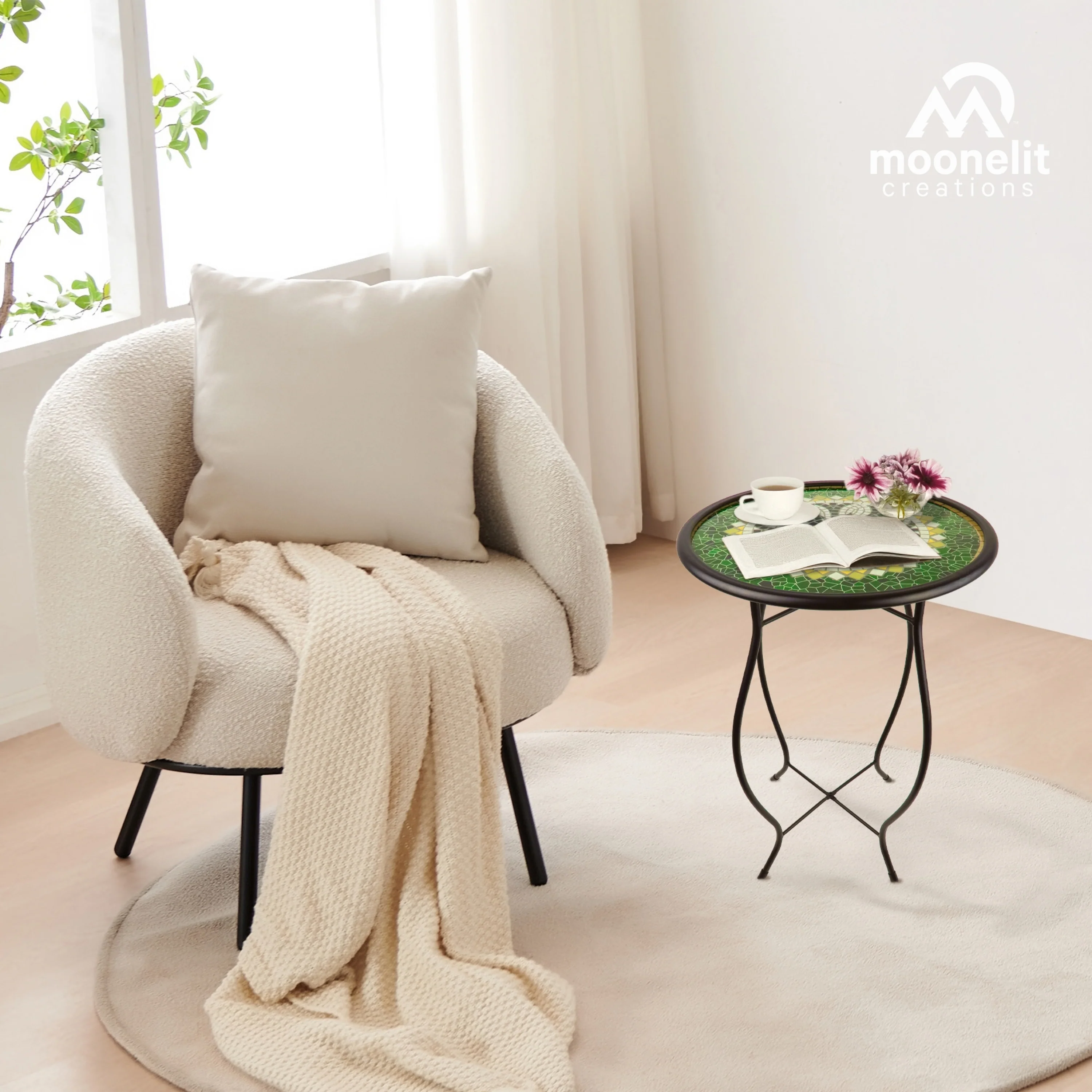 Mosaic Glass Accent Side Table & Plant Stand - Green - Image 6