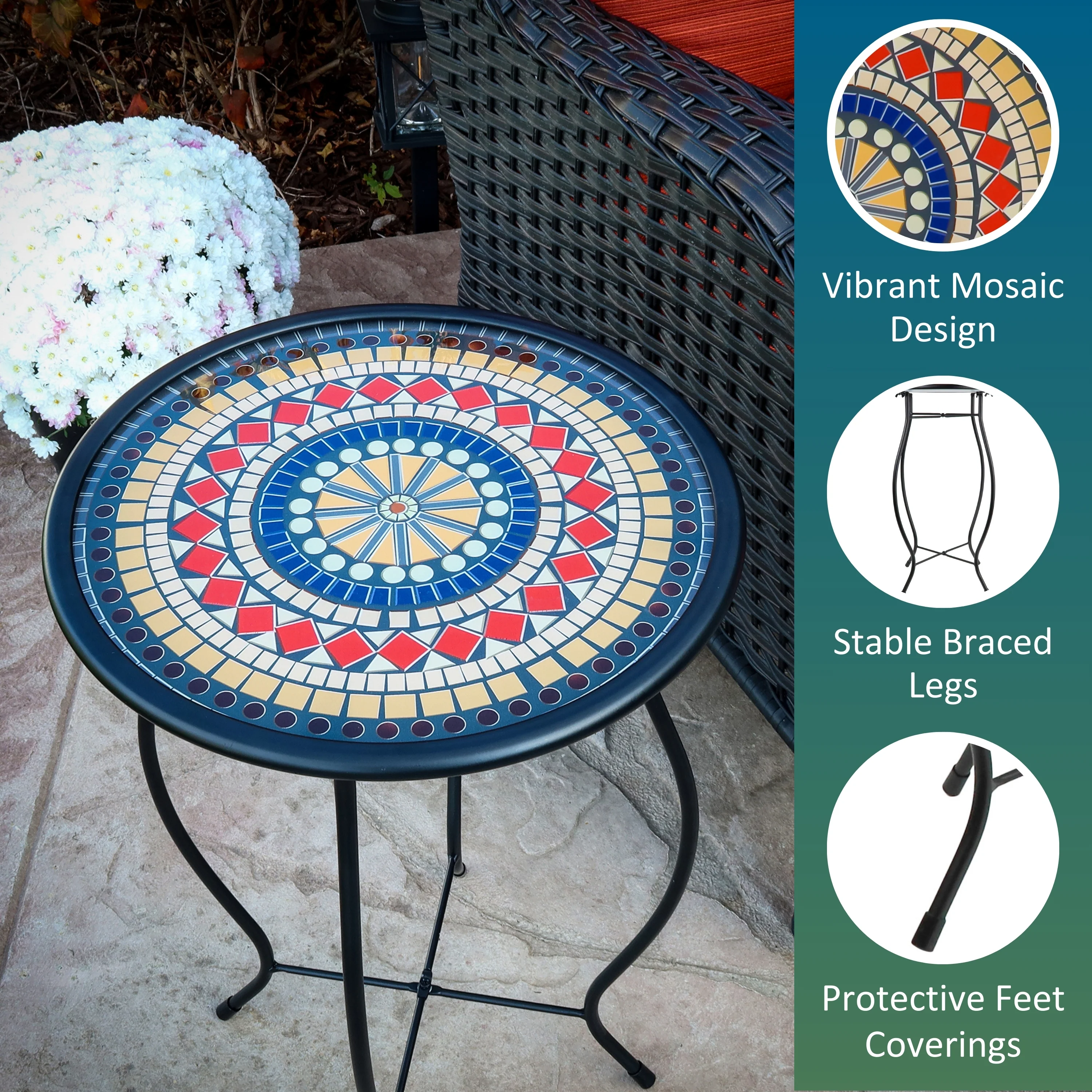 Mosaic Glass Accent Side Table & Plant Stand - Red - Image 3