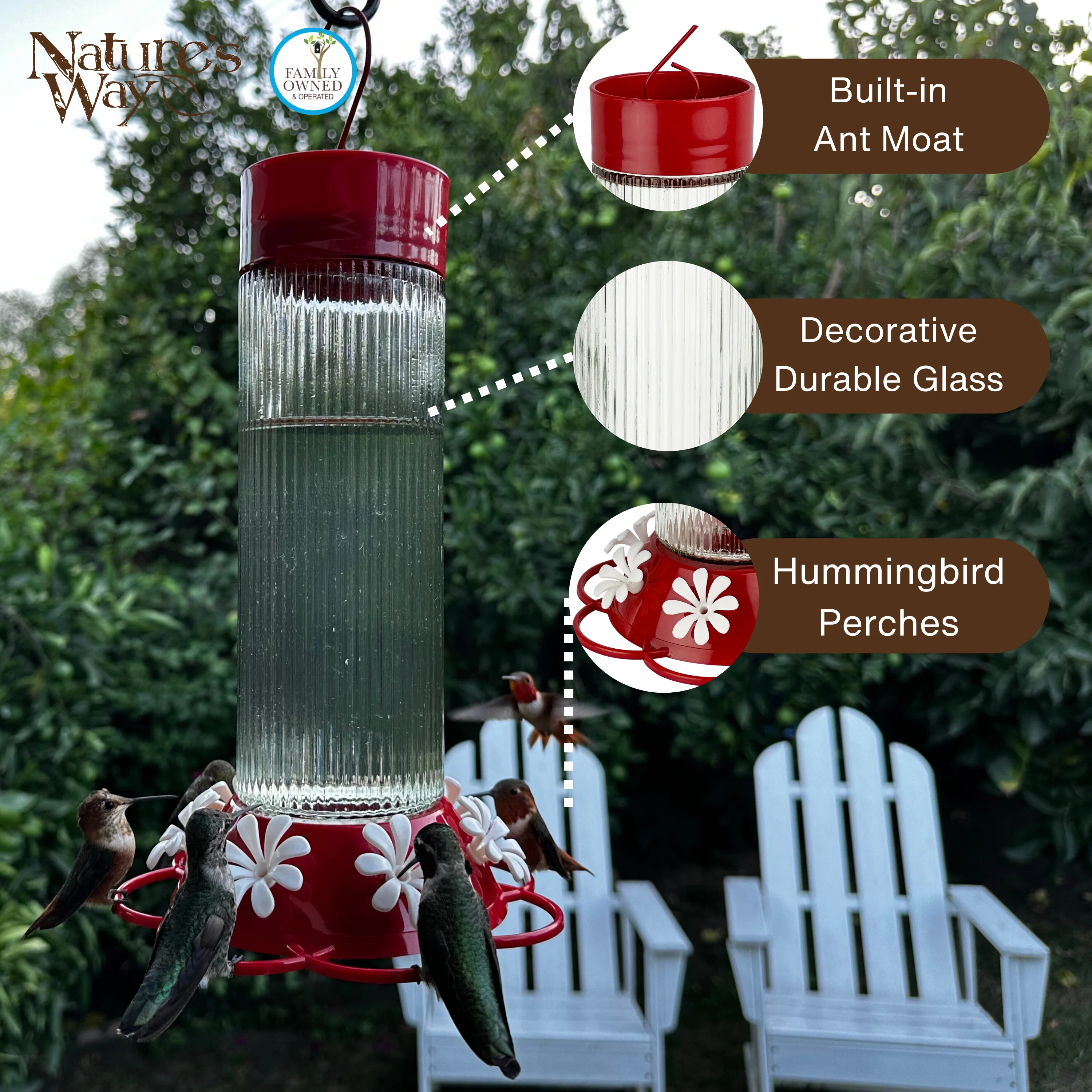 Ribbed Rose Glass Gravity Hummingbird Feeder - Image 3
