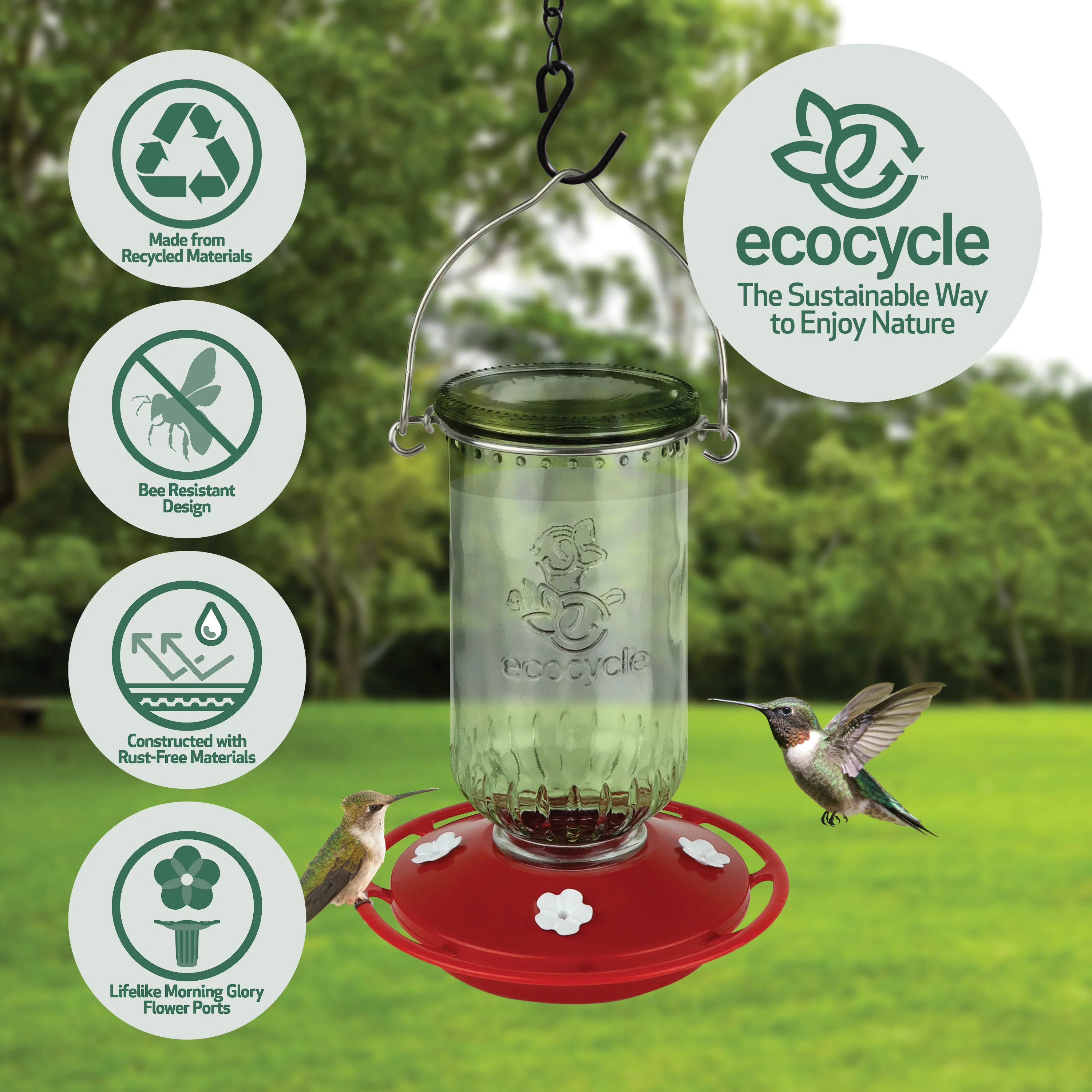 Ruby Roost Recycled Glass Hummingbird Feeder - Image 3