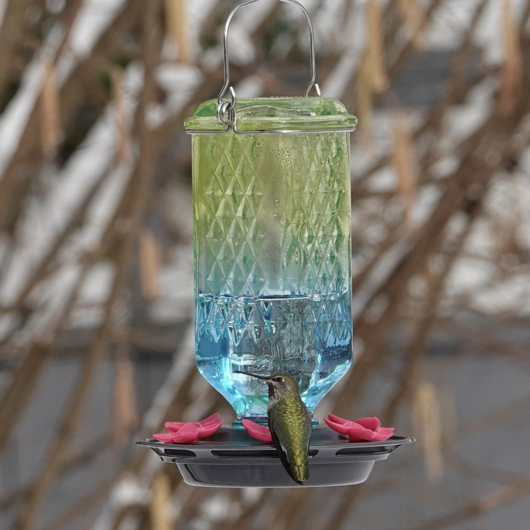 Seafoam Ombre Column Antique Glass Gravity Hummingbird Feeder - Image 9