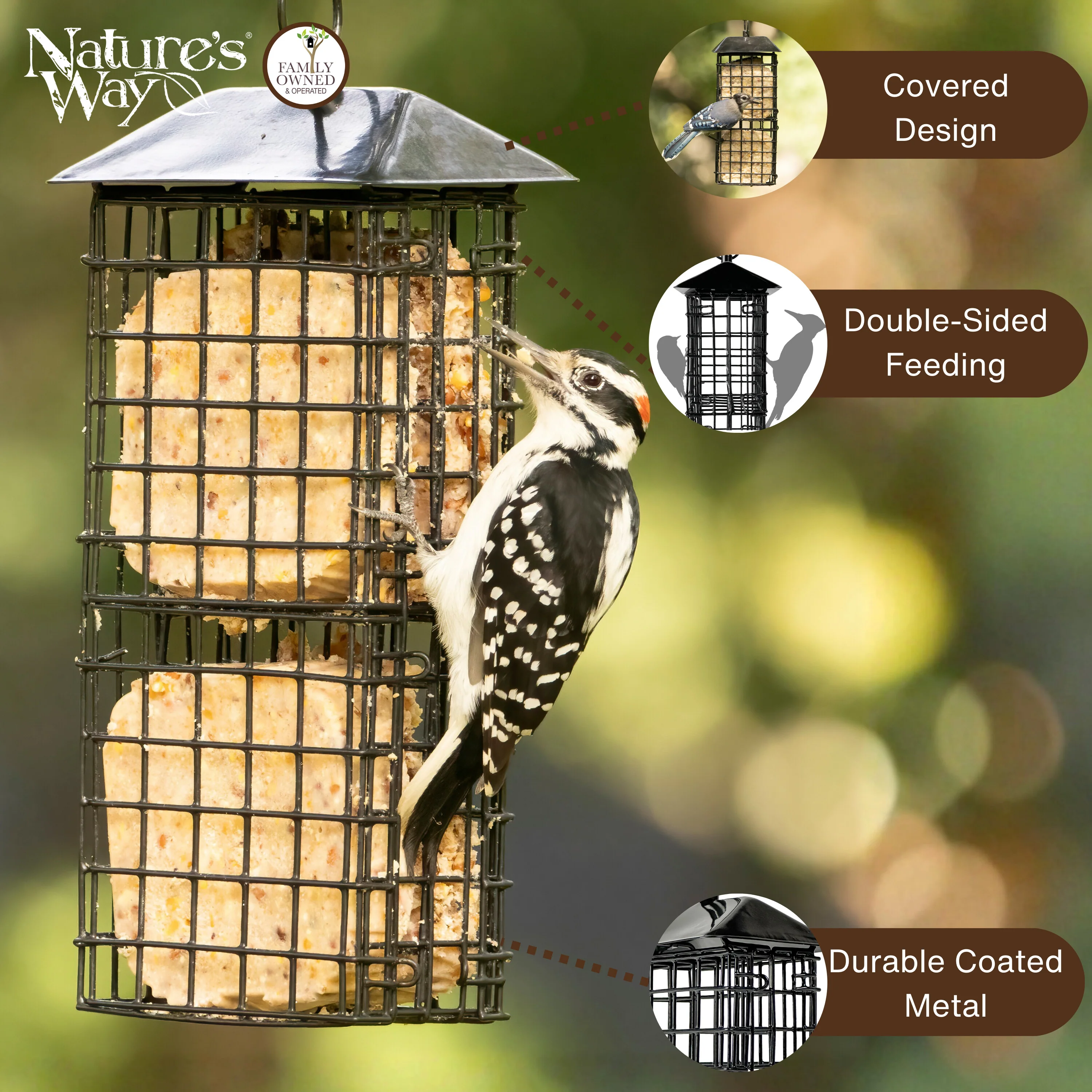 Metal Four Cake Suet Cage Bird Feeder w/ Roof - Four Cake - Image 3